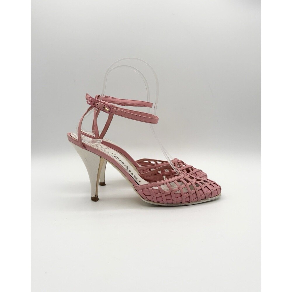 Chanel Pink Basketweave Leather CC Logo Ankle Strap Heels D'Orsay Sz EU 35.5